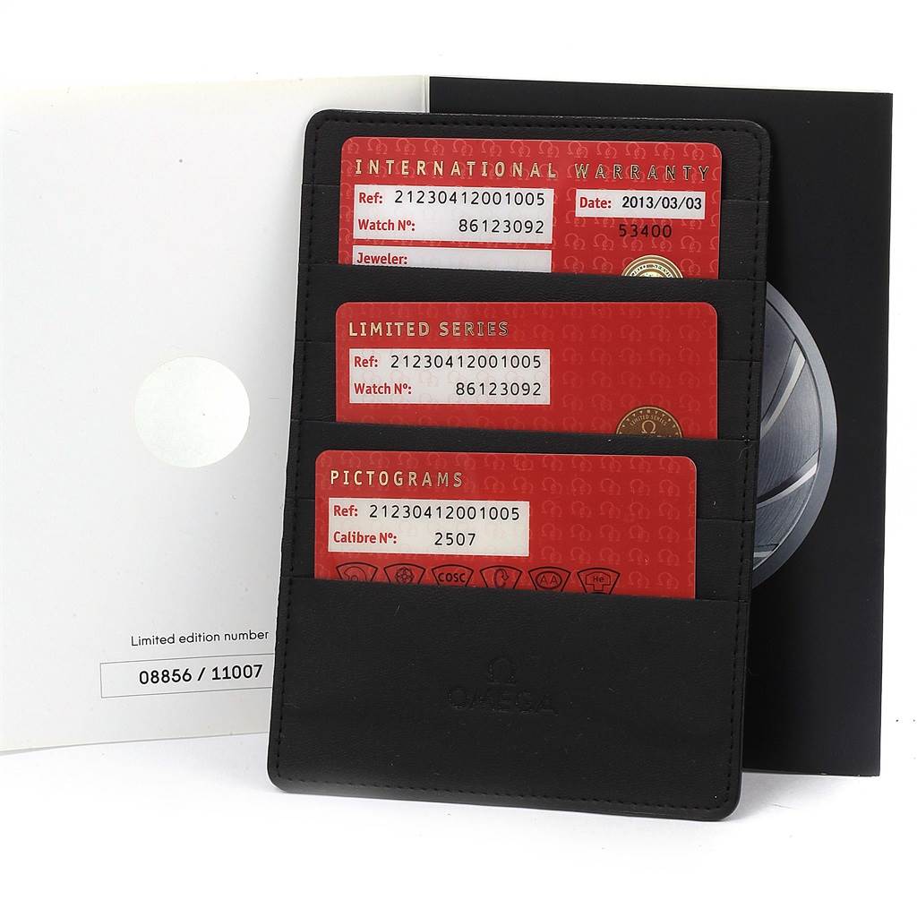 The image shows the warranty, limited series, and pictograms cards along with the case for the Omega Seamaster 212.30.41.20.01.005 Men's Stainless Steel Black Dial 212.30.41.20.01.005 Men's Stainless Steel Black Dial model.