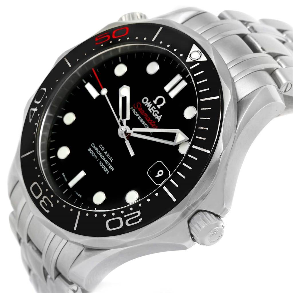 This Omega Seamaster 212.30.41.20.01.005 Men's Stainless Steel Black Dial 212.30.41.20.01.005 Men's Stainless Steel Black Dial watch is shown at a slight angle, displaying its dial, bezel, crown, and metal bracelet.