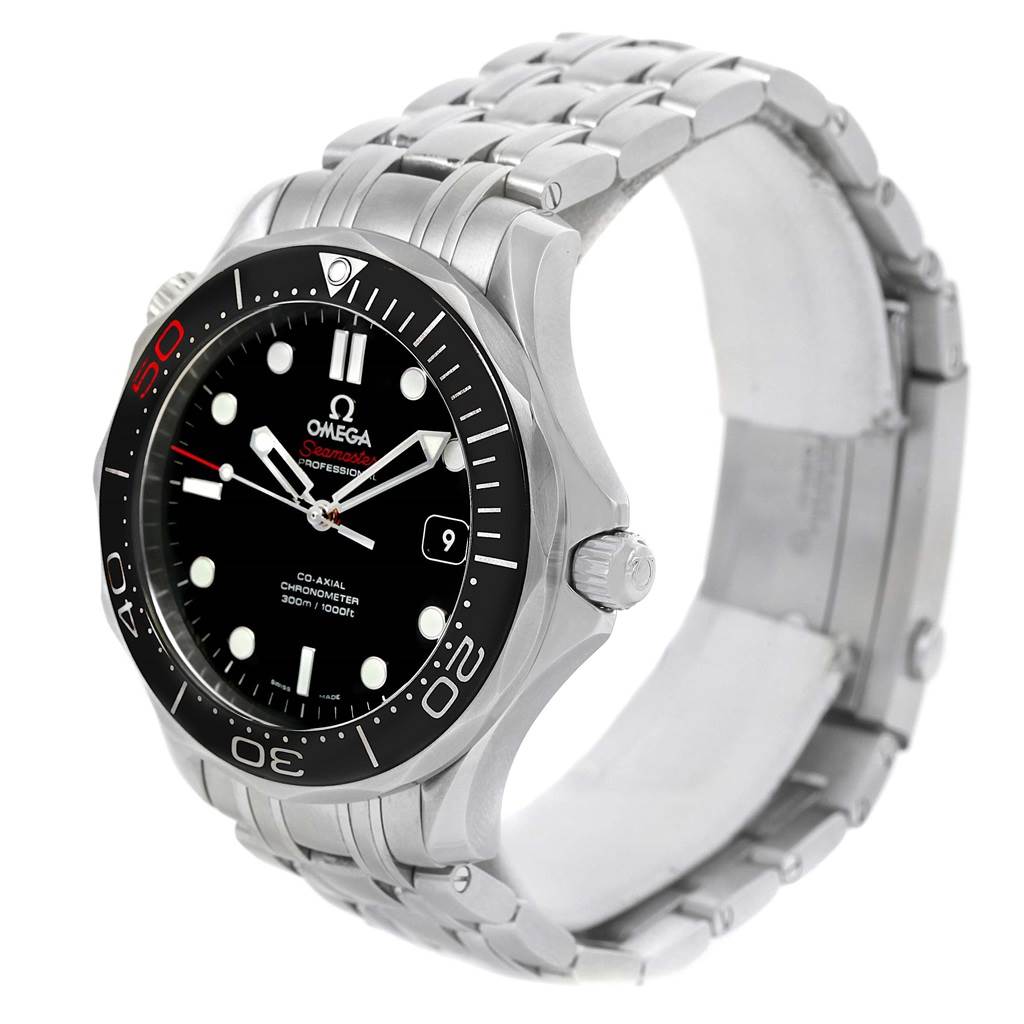 The image shows an angled view of the Omega Seamaster 212.30.41.20.01.005 Men's Stainless Steel Black Dial 212.30.41.20.01.005 Men's Stainless Steel Black Dial watch, displaying the face, bezel, crown, and metal bracelet.