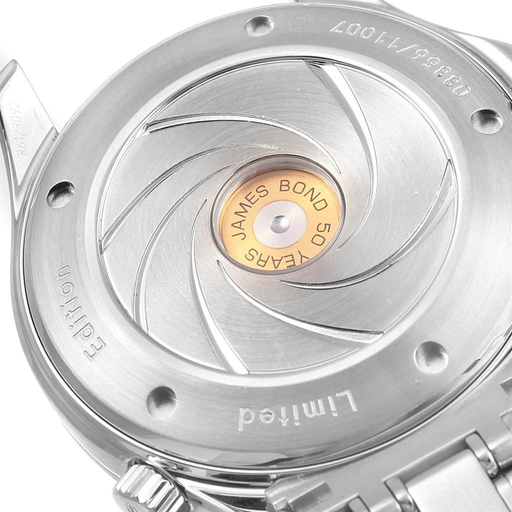 The image shows the back case of the Omega Seamaster 212.30.41.20.01.005 Men's Stainless Steel Black Dial 212.30.41.20.01.005 Men's Stainless Steel Black Dial watch, displaying the limited edition James Bond 50 years engraving.