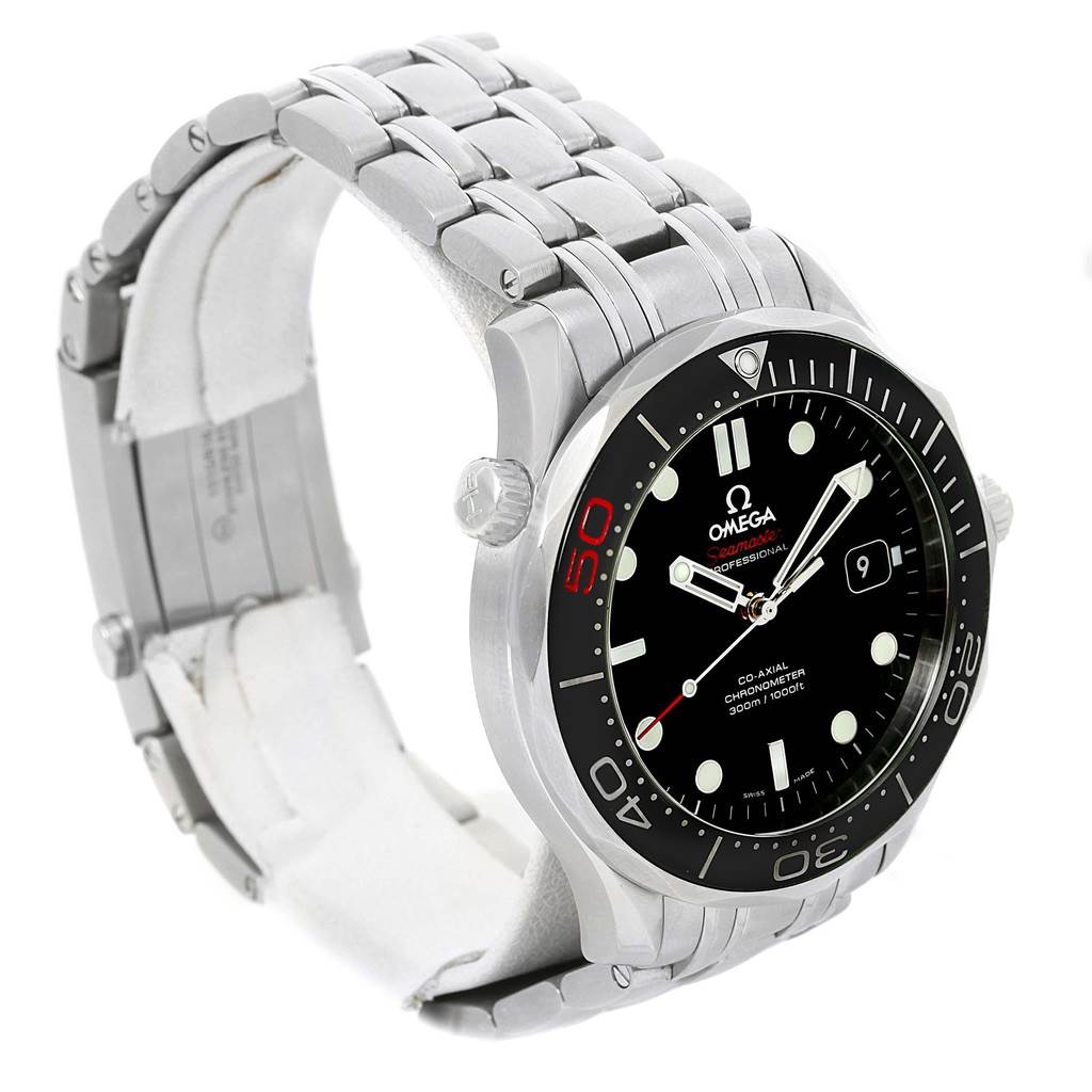 The Omega Seamaster 212.30.41.20.01.005 Men's Stainless Steel Black Dial 212.30.41.20.01.005 Men's Stainless Steel Black Dial watch is shown from a three-quarter angle, displaying its black bezel, dial, and stainless steel bracelet.