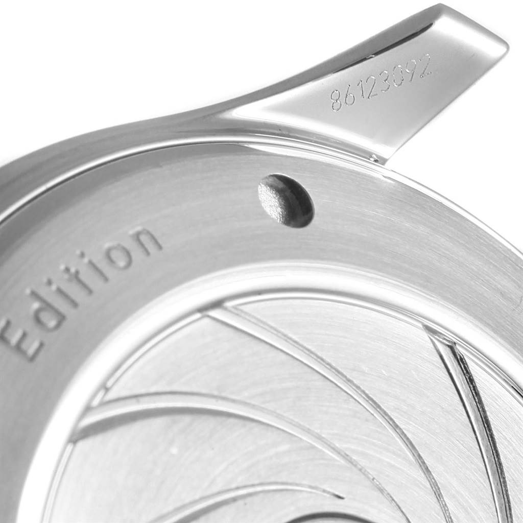 The image shows a close-up of the Omega Seamaster 212.30.41.20.01.005 Men's Stainless Steel Black Dial 212.30.41.20.01.005 Men's Stainless Steel Black Dial's case back, highlighting its engraving and serial number.