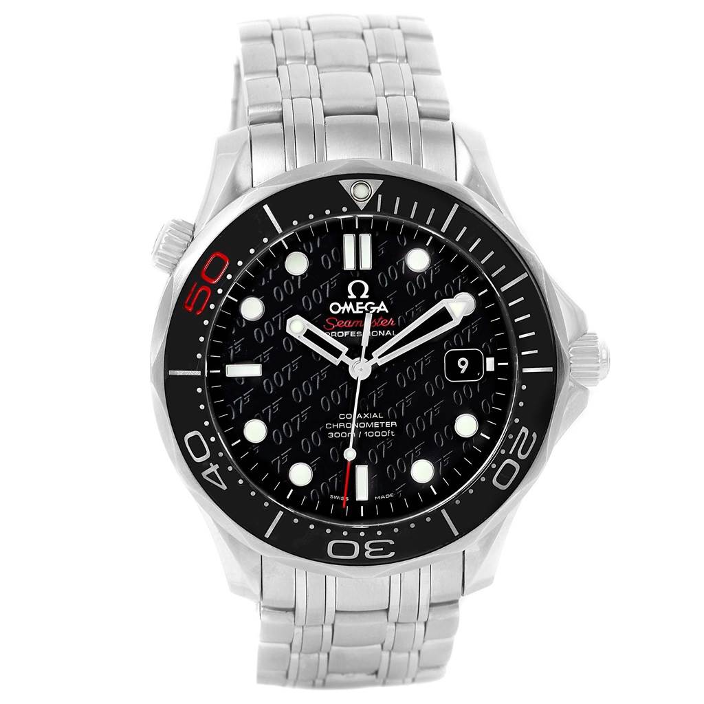 The Omega Seamaster 212.30.41.20.01.005 Men's Stainless Steel Black Dial 212.30.41.20.01.005 Men's Stainless Steel Black Dial watch is shown from the front, featuring the dial, bezel, crown, and stainless steel bracelet.
