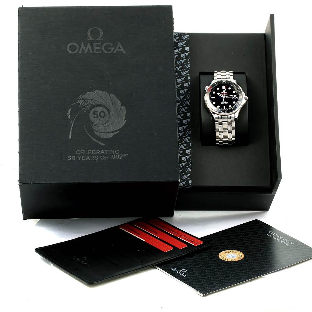 The Omega Seamaster 212.30.41.20.01.005 Men's Stainless Steel Black Dial 212.30.41.20.01.005 Men's Stainless Steel Black Dial watch is shown in its open box, revealing the watch and accompanying cards and certificates.