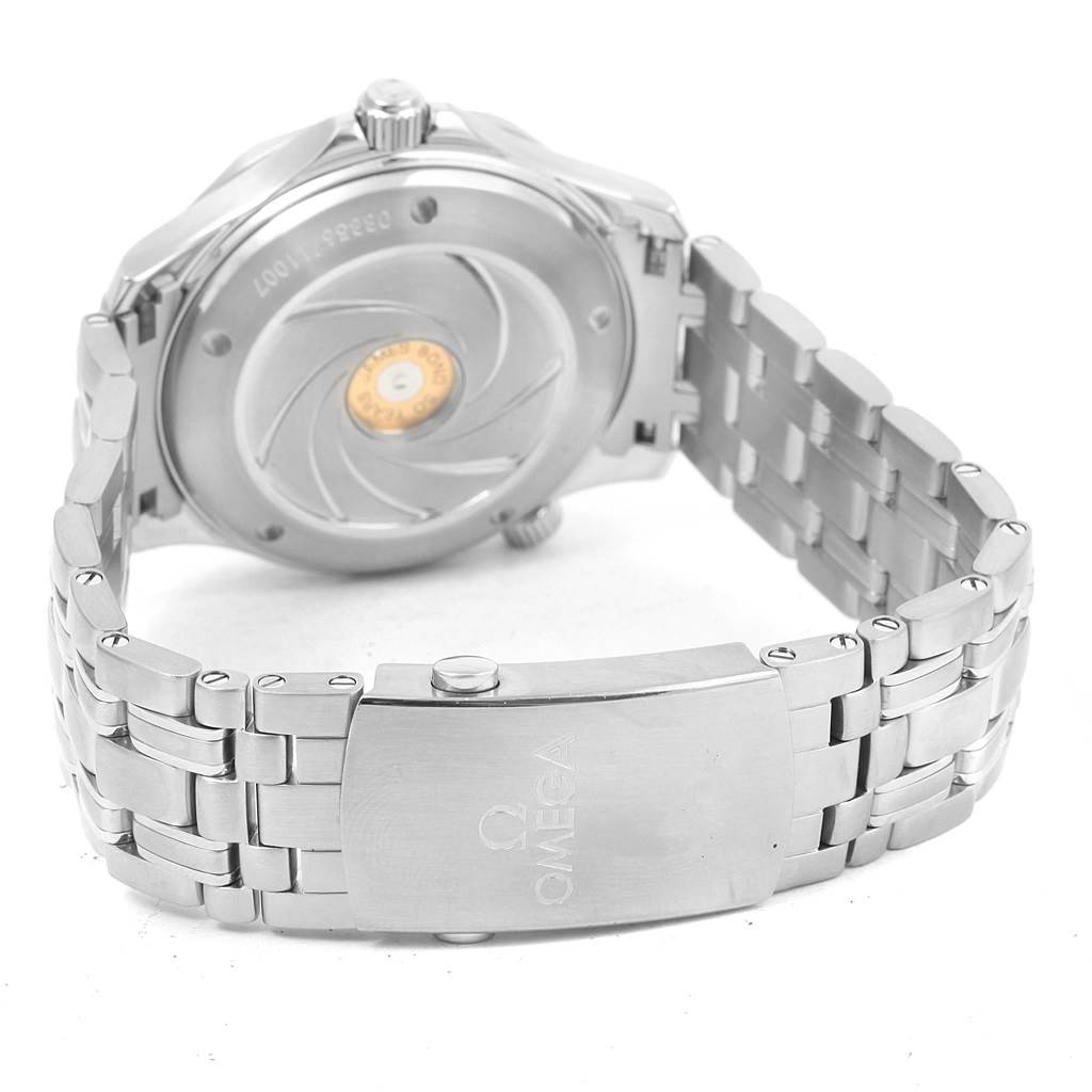 The image shows the back and wristband clasp of an Omega Seamaster 212.30.41.20.01.005 Men's Stainless Steel Black Dial 212.30.41.20.01.005 Men's Stainless Steel Black Dial watch, highlighting the case back and bracelet.