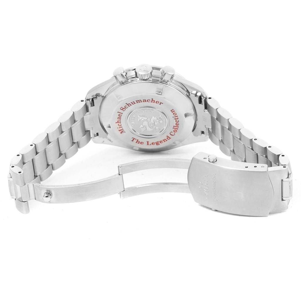 The image shows the back view of an Omega Seamaster 3506.61.00 Men's Stainless Steel Red Dial 3506.61.00 Men's Stainless Steel Red Dial watch, highlighting its bracelet and open clasp.