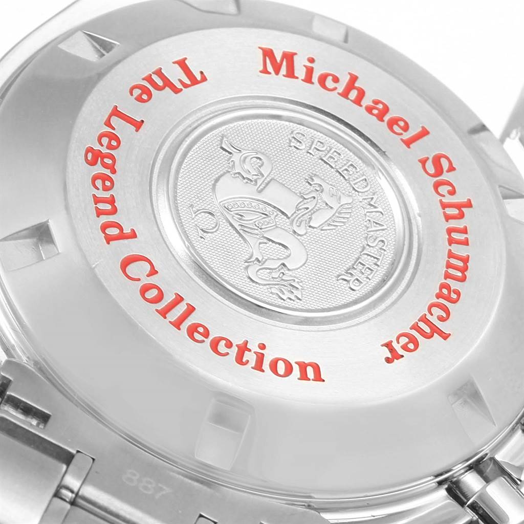 The image shows the back casing of an Omega Speedmaster watch from the Michael Schumacher Legend Collection.
