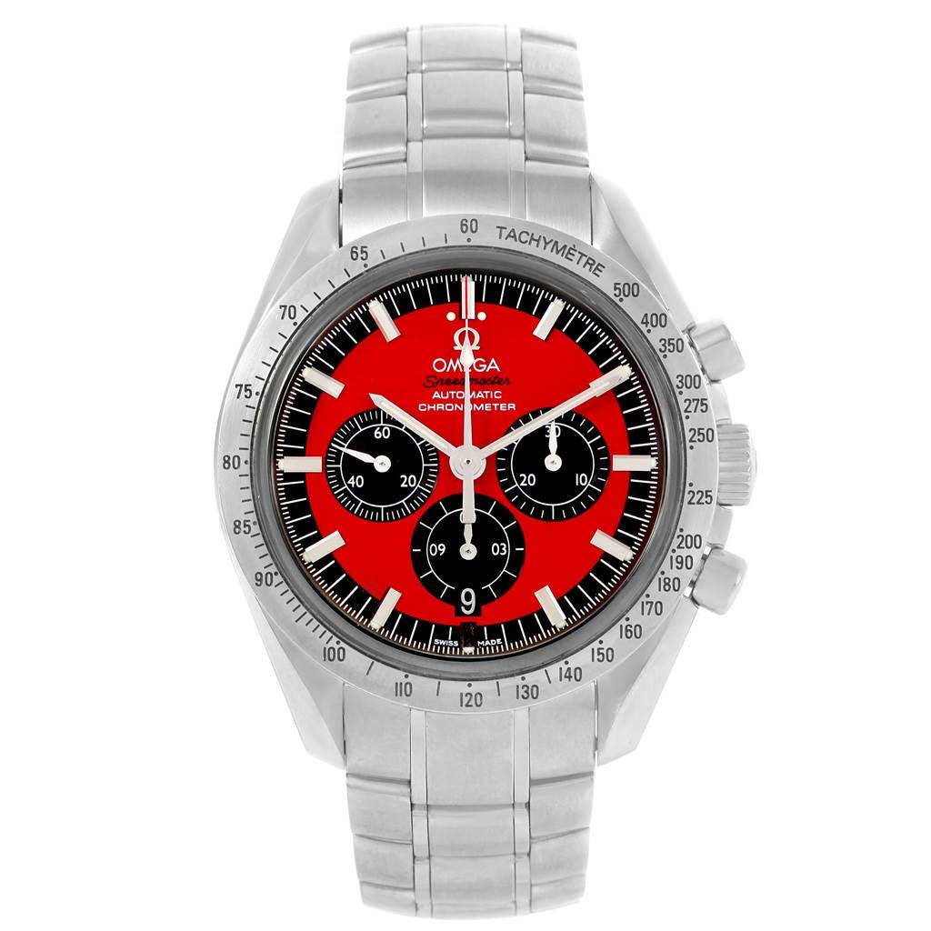 This image shows a frontal view of an Omega Seamaster 3506.61.00 Men's Stainless Steel Red Dial 3506.61.00 Men's Stainless Steel Red Dial watch, highlighting its red dial, chronograph subdials, and stainless steel bracelet.