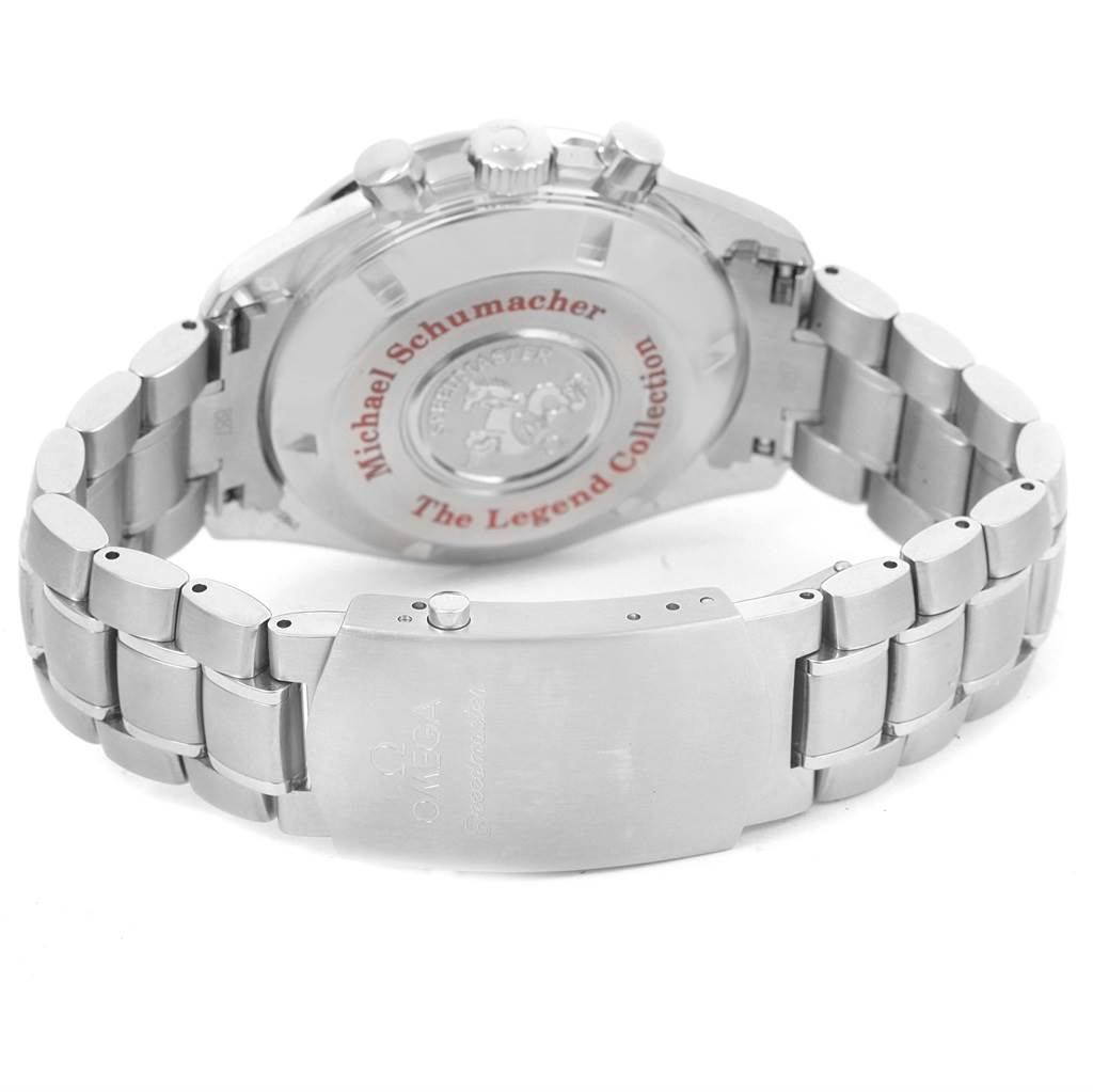 The image shows the back case and bracelet of an Omega Seamaster 3506.61.00 Men's Stainless Steel Red Dial 3506.61.00 Men's Stainless Steel Red Dial watch, highlighting the clasp and case engravings.