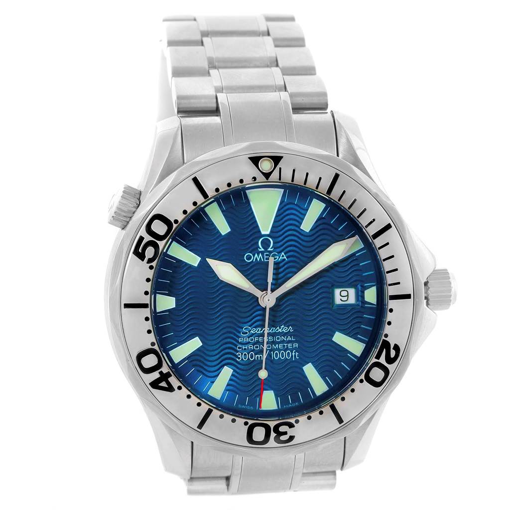 This image shows a front view of the Omega Seamaster 2255.80.00 Men
s Stainless Steel Blue Dial 2255.80.00 Men
s Stainless Steel Blue Dial, displaying its blue dial, date window, bezel, and metal bracelet.