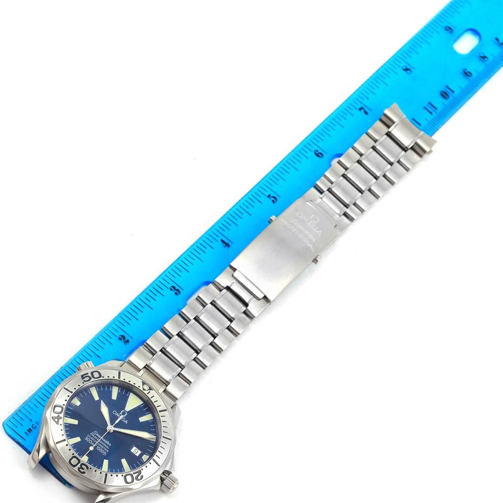 The Omega Seamaster 2255.80.00 Men
s Stainless Steel Blue Dial 2255.80.00 Men
s Stainless Steel Blue Dial watch is shown from a top-down angle, featuring its bracelet, clasp, and dial.