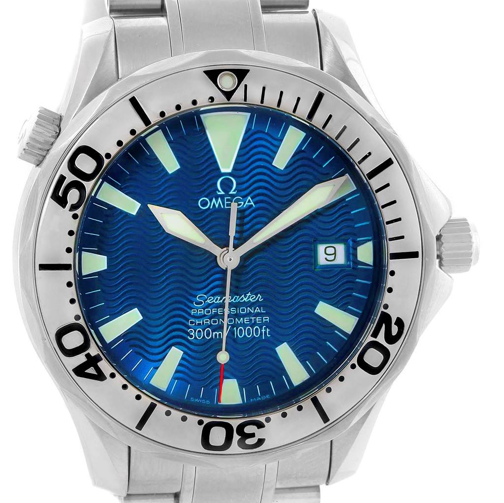 The Omega Seamaster 2255.80.00 Men
s Stainless Steel Blue Dial 2255.80.00 Men
s Stainless Steel Blue Dial watch is shown from the front, displaying its blue dial, bezel, hands, date window, and part of the bracelet.