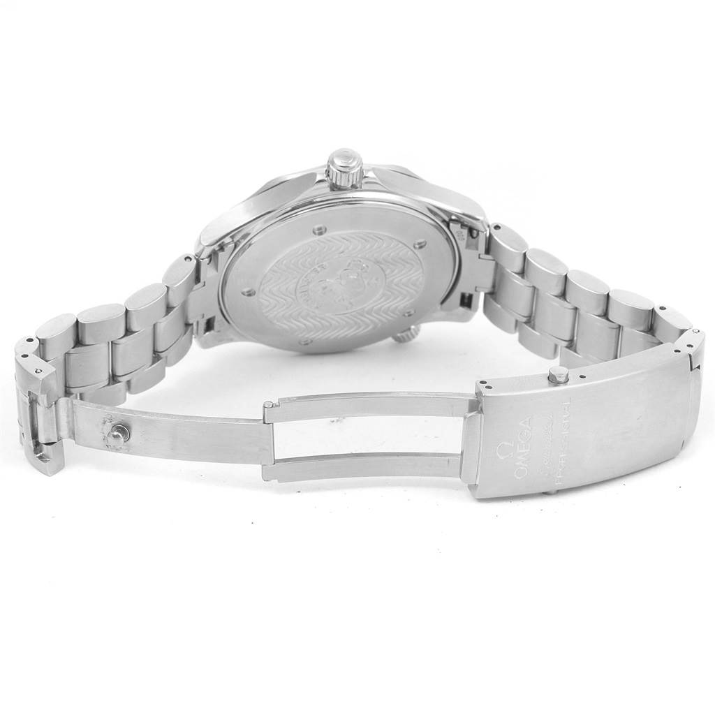 This image shows the back view of an Omega Seamaster 2255.80.00 Men
s Stainless Steel Blue Dial 2255.80.00 Men
s Stainless Steel Blue Dial watch, highlighting the case back and partially opened metal bracelet clasp.