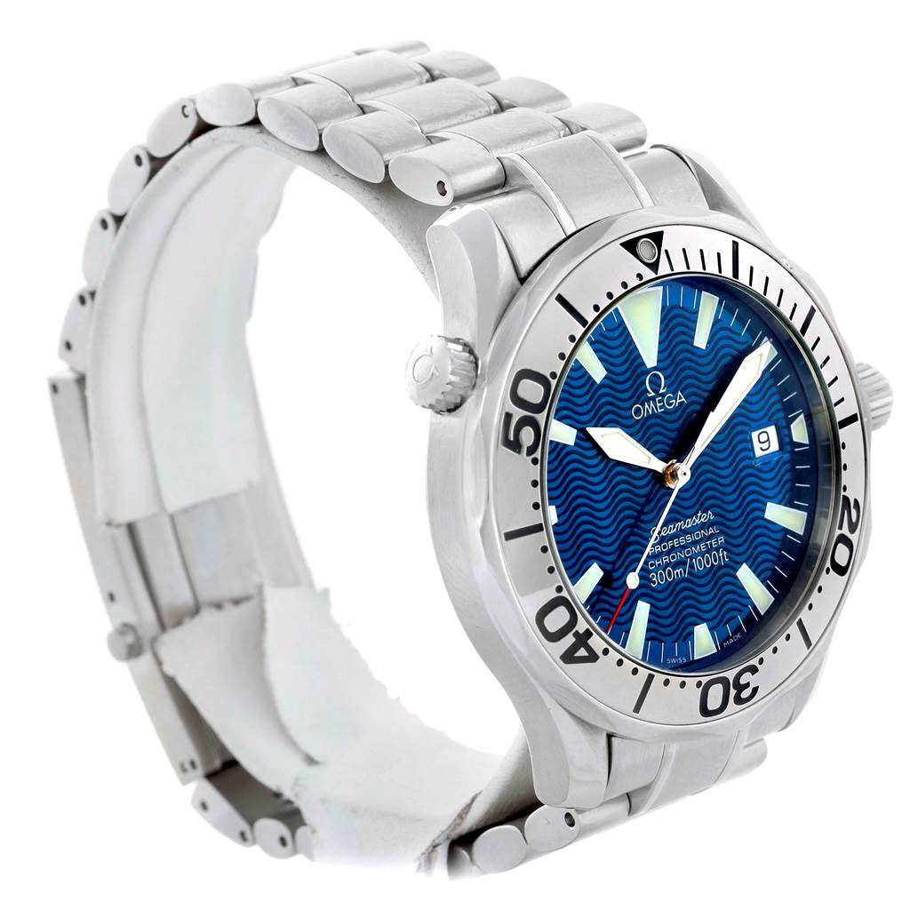 The Omega Seamaster 2255.80.00 Men
s Stainless Steel Blue Dial 2255.80.00 Men
s Stainless Steel Blue Dial watch is shown from a slight side angle, displaying its face, bezel, crown, and metal bracelet.