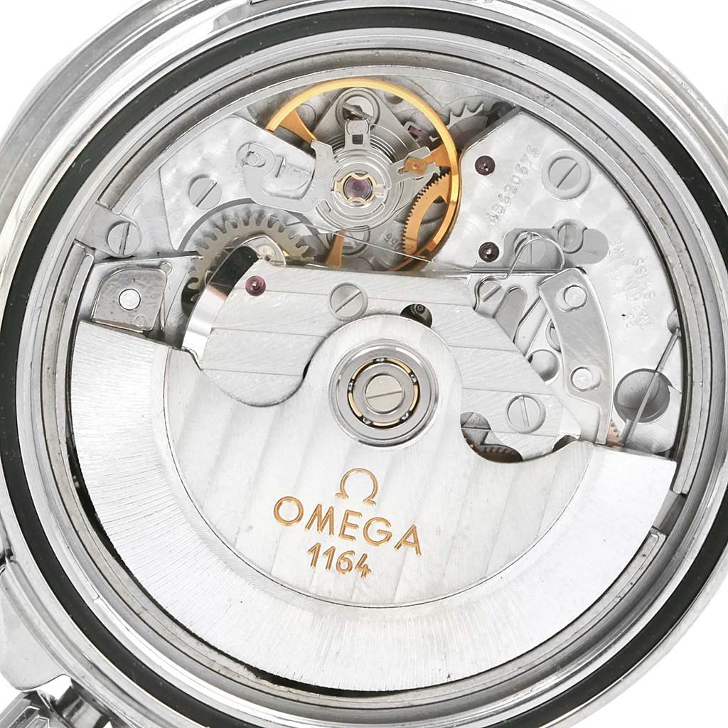 This image shows the internal automatic movement mechanism of an Omega Seamaster 2598.80.00 Men
s Stainless Steel Blue Dial 2598.80.00 Men
s Stainless Steel Blue Dial watch from a close-up, rear angle.