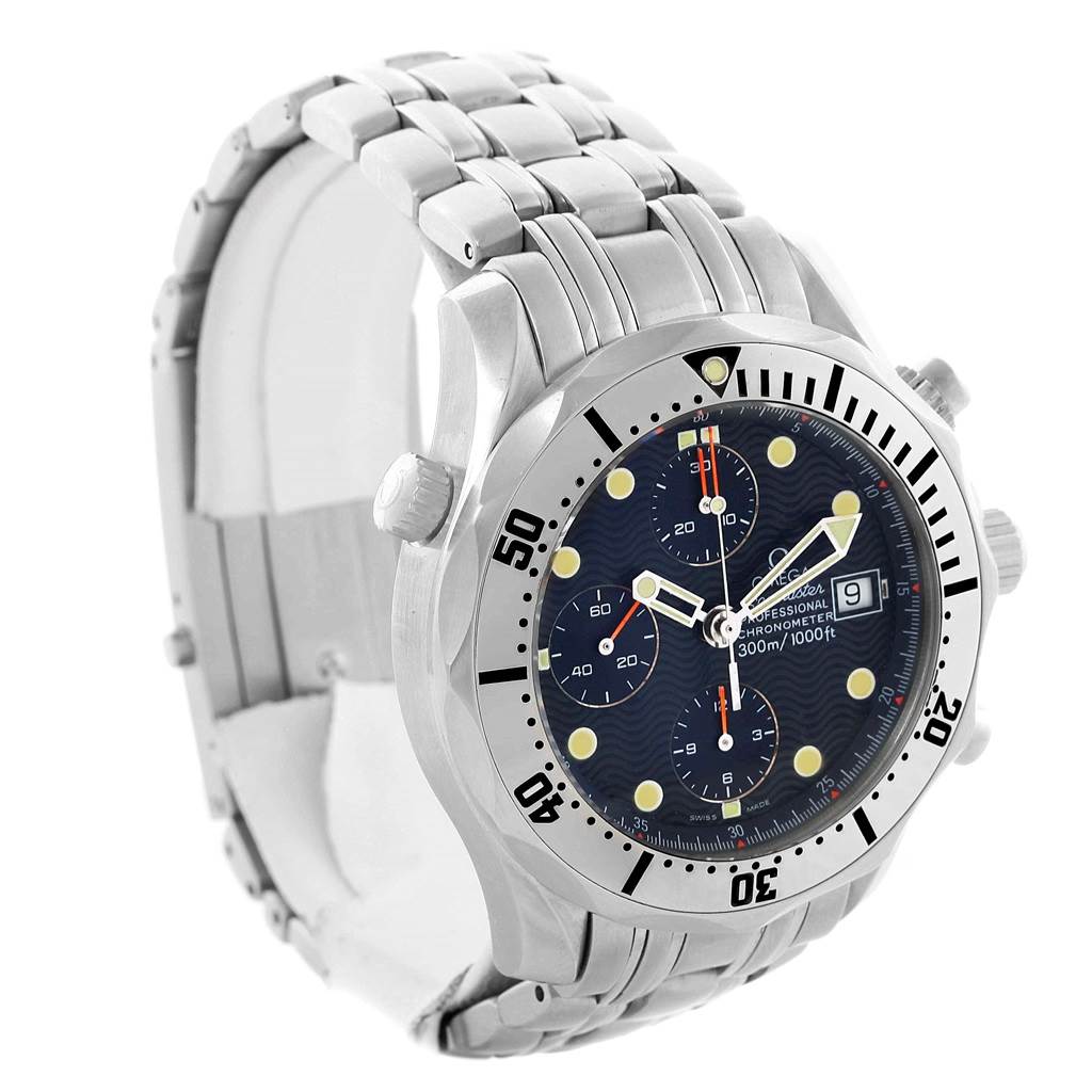 The image displays an Omega Seamaster 2598.80.00 Men
s Stainless Steel Blue Dial 2598.80.00 Men
s Stainless Steel Blue Dial watch at a slight angled view, showing the face, bezel, crown, pushers, and metal bracelet.