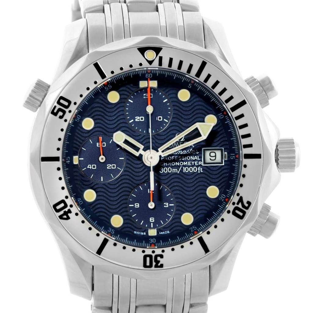 The image shows a front view of the Omega Seamaster 2598.80.00 Men
s Stainless Steel Blue Dial 2598.80.00 Men
s Stainless Steel Blue Dial watch, highlighting its dial, bezel, and bracelet.