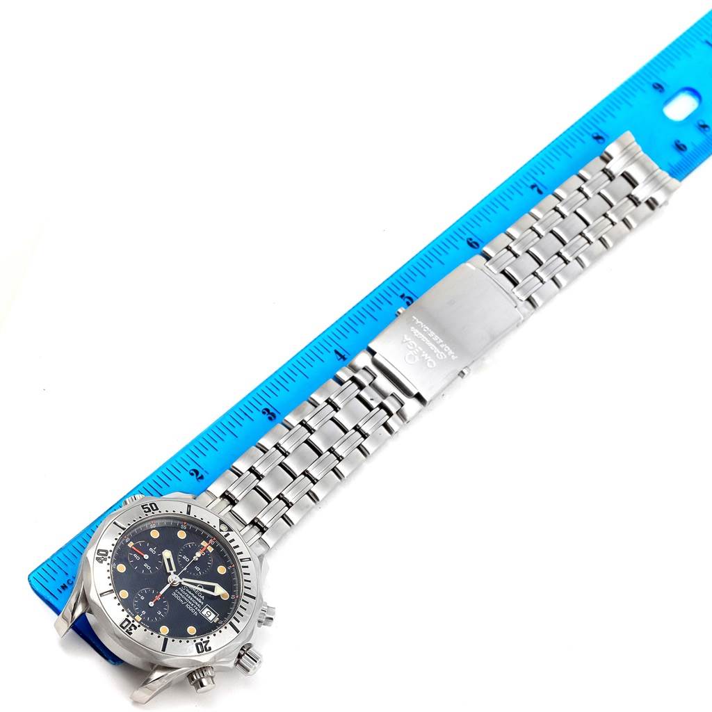 The Omega Seamaster 2598.80.00 Men
s Stainless Steel Blue Dial 2598.80.00 Men
s Stainless Steel Blue Dial watch is shown at a top-down angle, displaying its face, bezel, bracelet, and clasp.