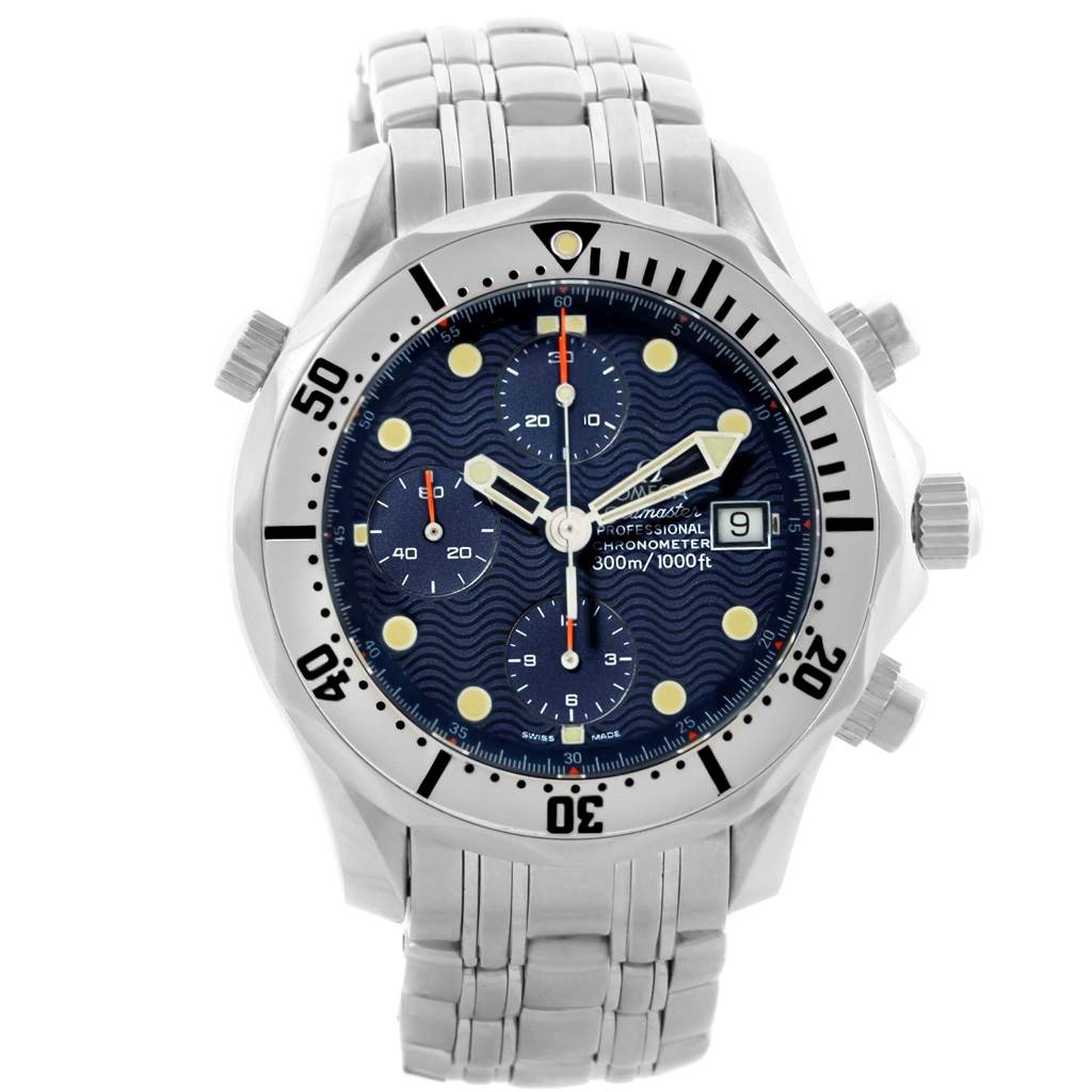 The image shows a front angle of the Omega Seamaster 2598.80.00 Men
s Stainless Steel Blue Dial 2598.80.00 Men
s Stainless Steel Blue Dial watch displaying its bezel, dial, subdials, hands, and bracelet.
