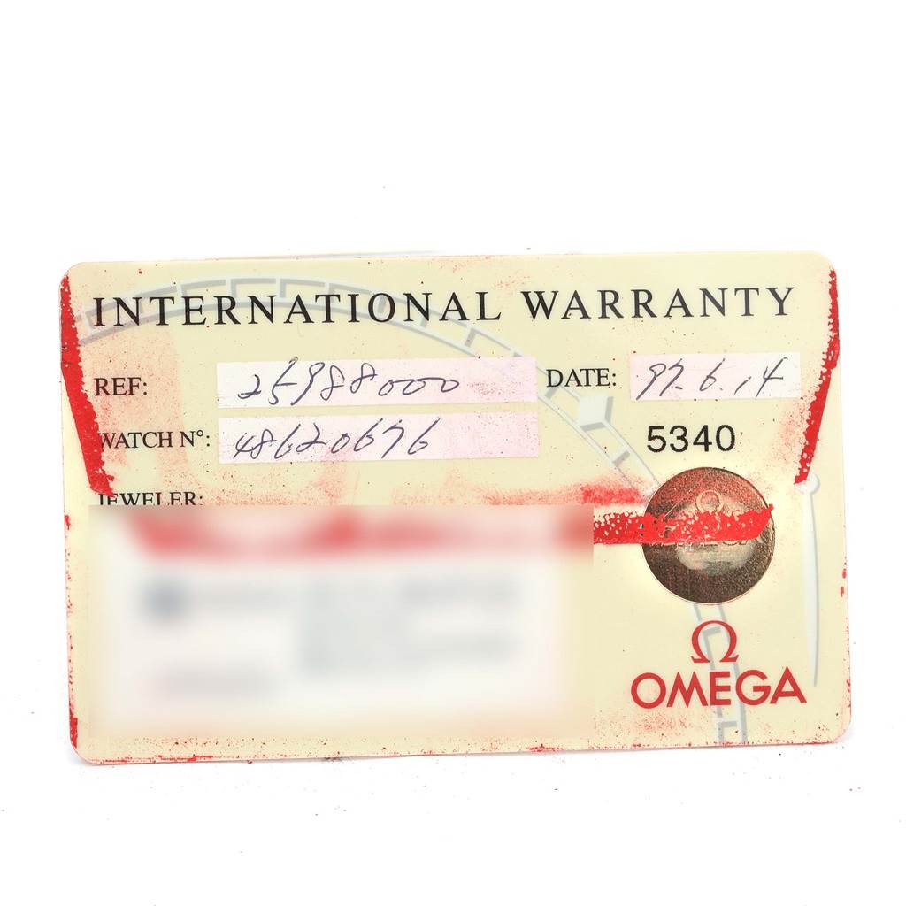 This is an Omega Seamaster 2598.80.00 Men
s Stainless Steel Blue Dial 2598.80.00 Men
s Stainless Steel Blue Dial model international warranty card showing reference numbers, watch number, date, and jeweler information.