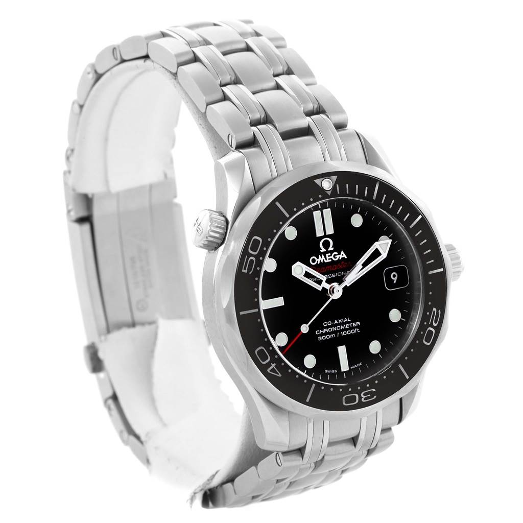 The image shows an Omega Seamaster 212.30.36.20.01.002 Men
s Stainless Steel Black Dial 212.30.36.20.01.002 Men
s Stainless Steel Black Dial watch at a three-quarter angle, displaying the face, bezel, crown, and metal bracelet.