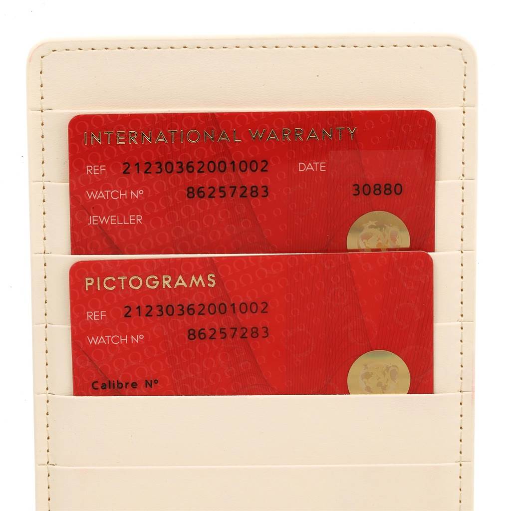 The image shows two red cards for an Omega Seamaster 212.30.36.20.01.002 Men
s Stainless Steel Black Dial 212.30.36.20.01.002 Men
s Stainless Steel Black Dial watch: an International Warranty card and a Pictograms card, both in a cream-colored holder.