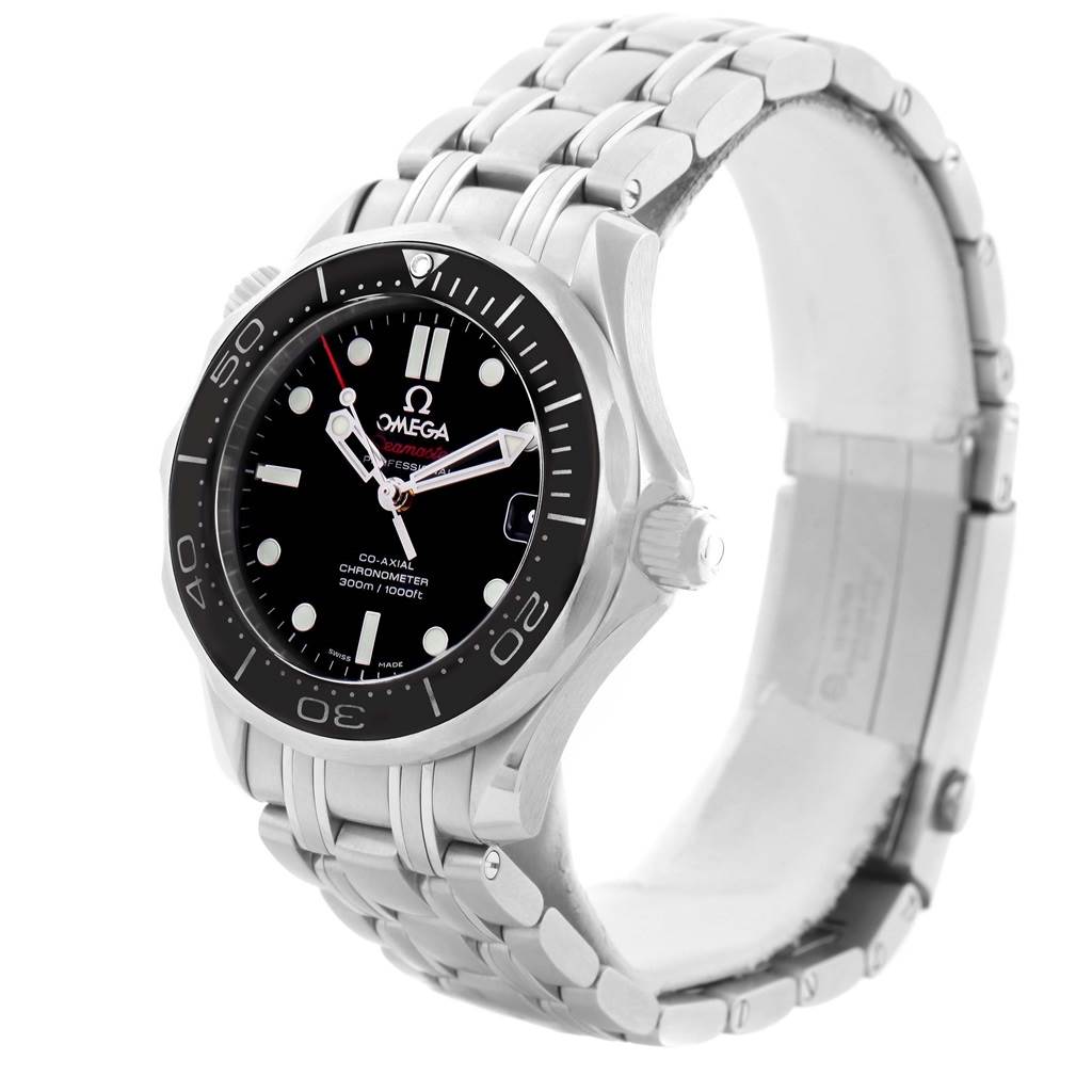 The Omega Seamaster 212.30.36.20.01.002 Men
s Stainless Steel Black Dial 212.30.36.20.01.002 Men
s Stainless Steel Black Dial watch is shown at a 3/4 angle, highlighting its face, bezel, crown, and metal bracelet.