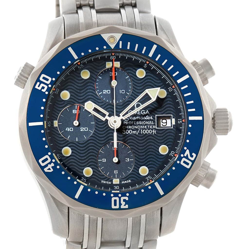 The image shows a close-up front view of the Omega Seamaster 2298.80.00 Men
s Titanium Blue Dial 2298.80.00 Men
s Titanium Blue Dial watch, displaying its dial, bezel, and part of the bracelet.