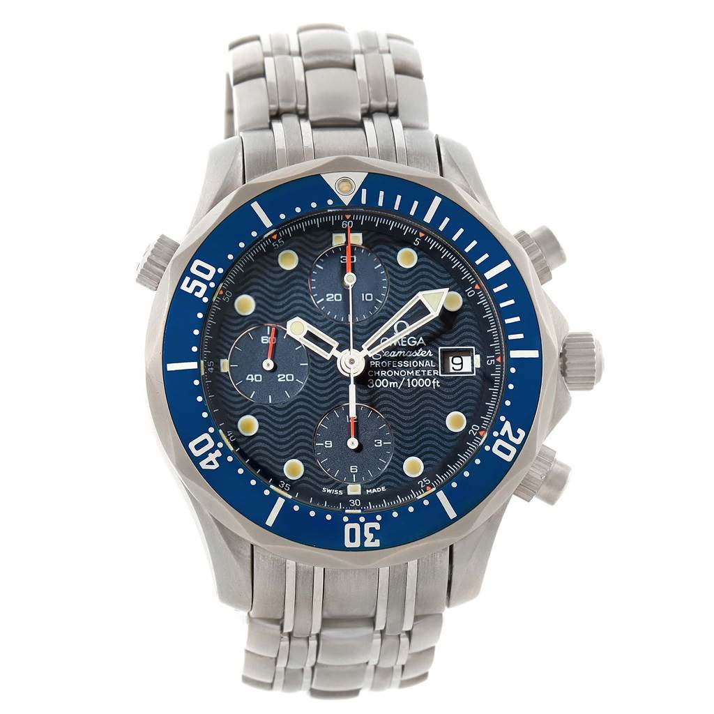 The Omega Seamaster 2298.80.00 Men
s Titanium Blue Dial 2298.80.00 Men
s Titanium Blue Dial watch is shown from the front, displaying the dial, bezel, case, and metal bracelet.