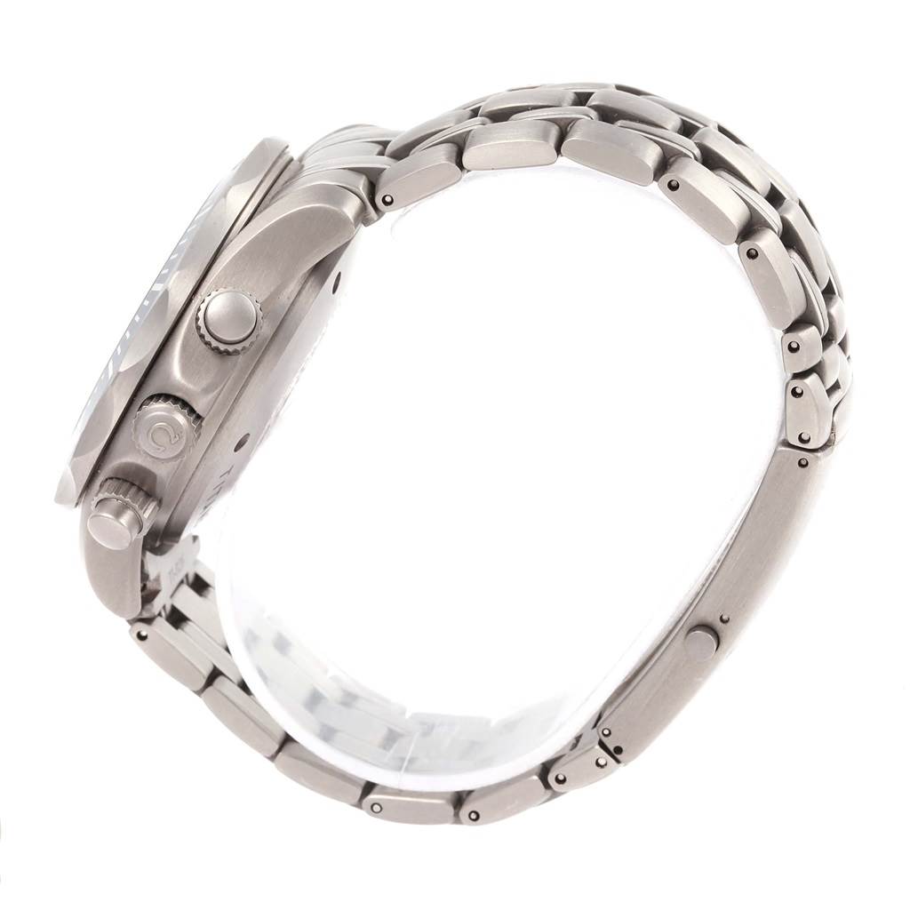 This image shows a side view of the Omega Seamaster 2298.80.00 Men
s Titanium Blue Dial 2298.80.00 Men
s Titanium Blue Dial watch highlighting the bezel, crown, pushers, and metal bracelet.