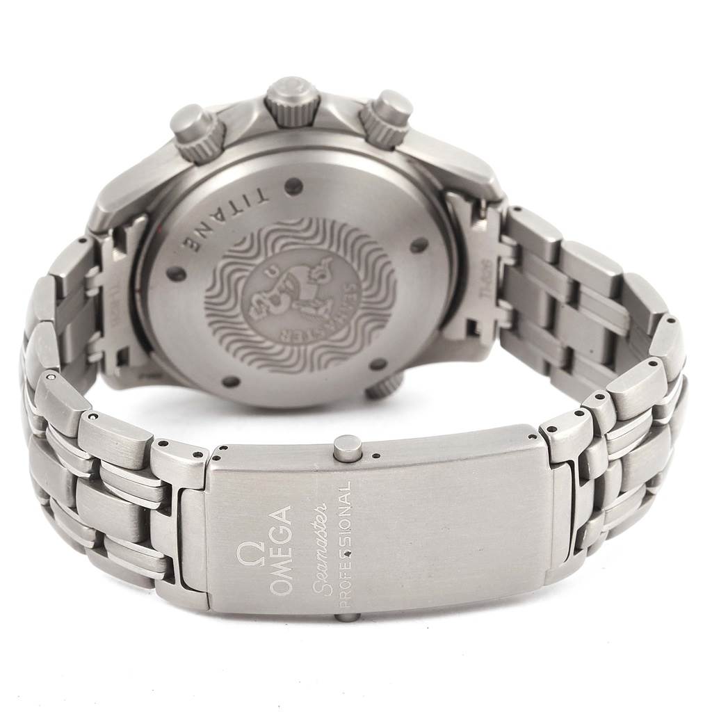 The image shows the back and clasp of an Omega Seamaster 2298.80.00 Men
s Titanium Blue Dial 2298.80.00 Men
s Titanium Blue Dial watch, highlighting the case back, crown, and titanium bracelet.