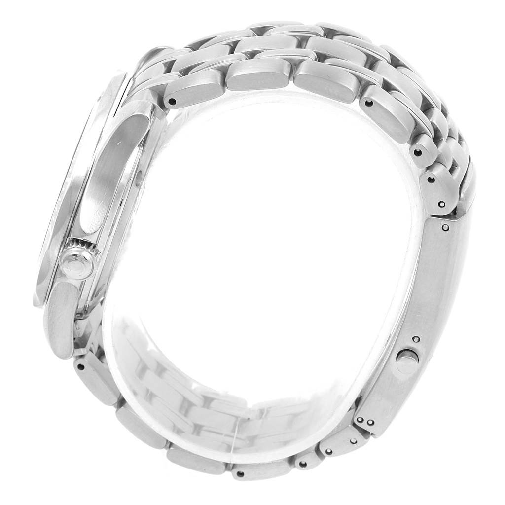 This image shows a side view of the Omega Seamaster 2561.80.00 Men
s Stainless Steel Blue Dial 2561.80.00 Men
s Stainless Steel Blue Dial watch, focusing on the case, crown, and metal bracelet.