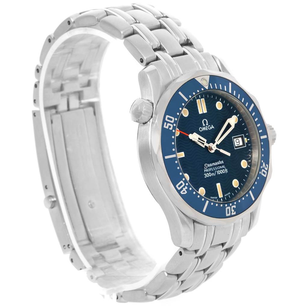 This Omega Seamaster 2561.80.00 Men
s Stainless Steel Blue Dial 2561.80.00 Men
s Stainless Steel Blue Dial watch is shown at a tilted angle, displaying the face, bezel, crown, and bracelet.