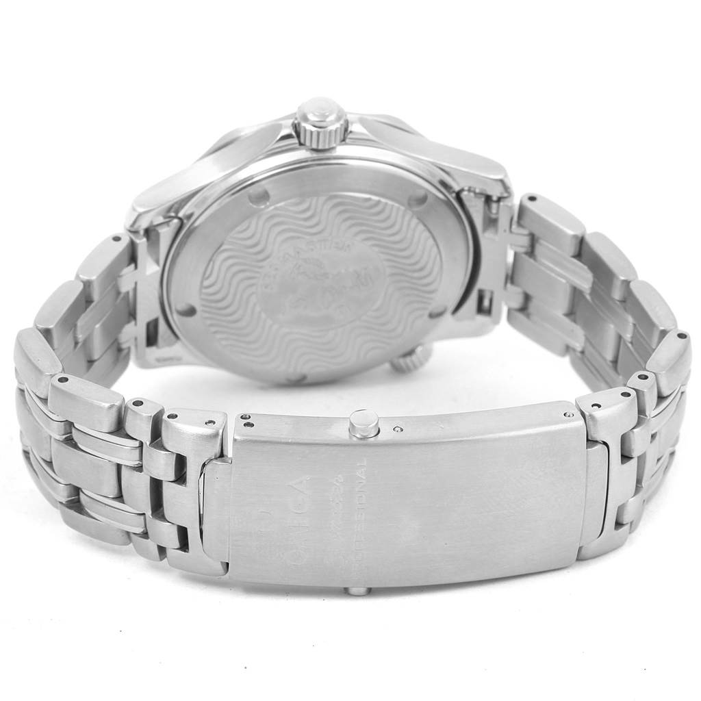 The image shows the back case and metal bracelet of an Omega Seamaster 2561.80.00 Men
s Stainless Steel Blue Dial 2561.80.00 Men
s Stainless Steel Blue Dial watch, including the clasp and case back.