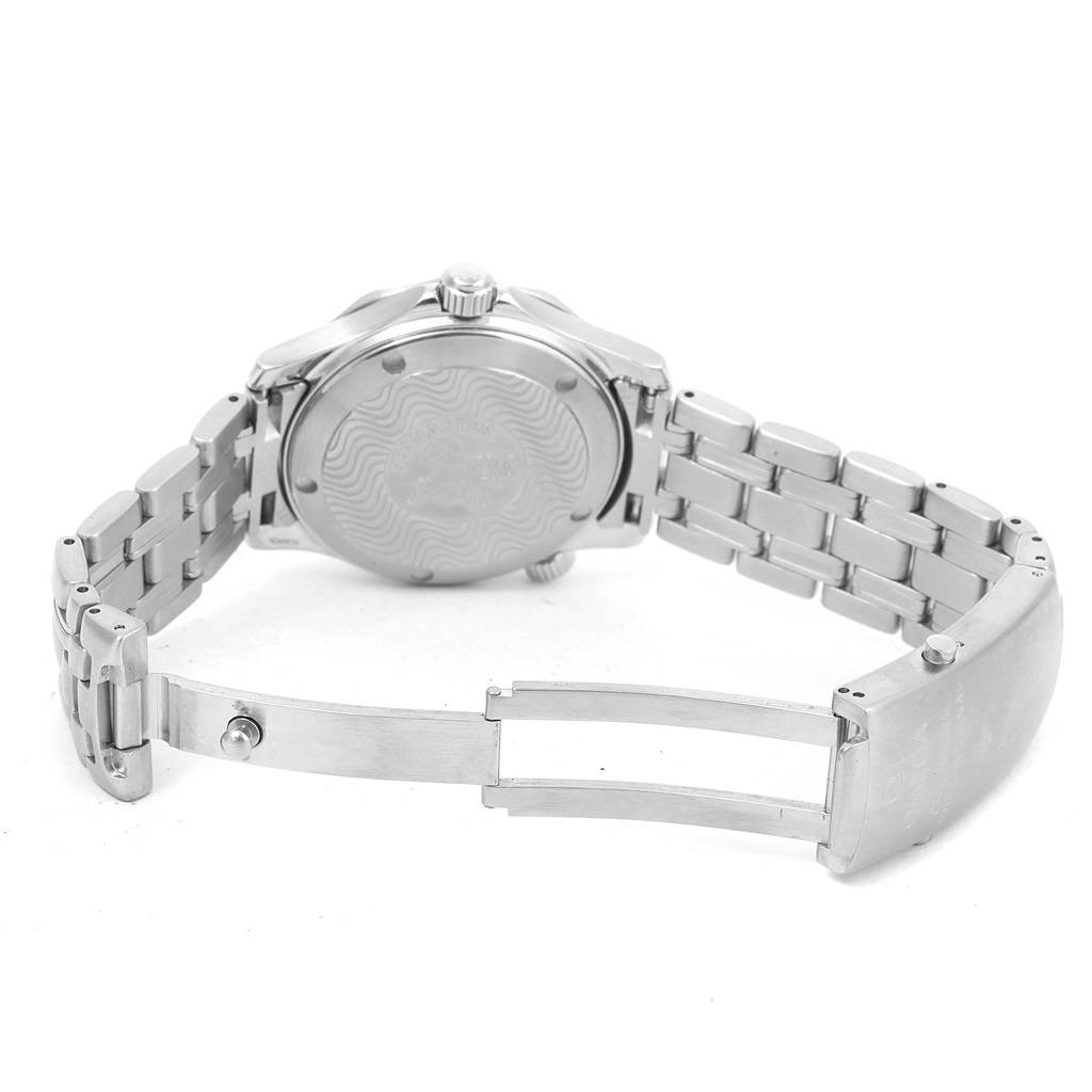 This image shows the back casing and bracelet clasp of an Omega Seamaster 2561.80.00 Men
s Stainless Steel Blue Dial 2561.80.00 Men
s Stainless Steel Blue Dial watch from a rear angle.