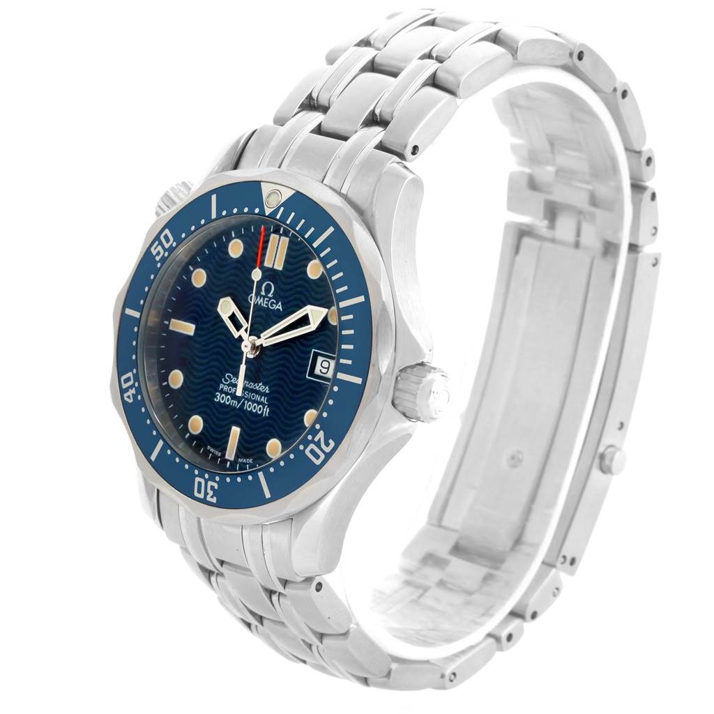 This Omega Seamaster 2561.80.00 Men
s Stainless Steel Blue Dial 2561.80.00 Men
s Stainless Steel Blue Dial watch is shown at an angle highlighting the face, bezel, and partially open stainless steel bracelet.