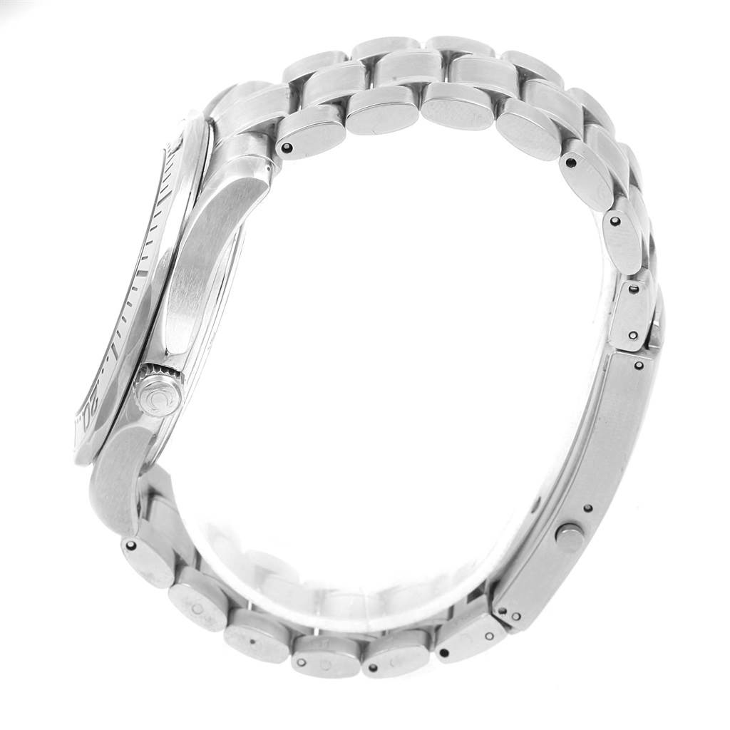 The image shows a side view of the Omega Seamaster 2265.80.00 Men
s Stainless Steel Blue Dial 2265.80.00 Men
s Stainless Steel Blue Dial watch, highlighting its bezel, crown, and metal bracelet.