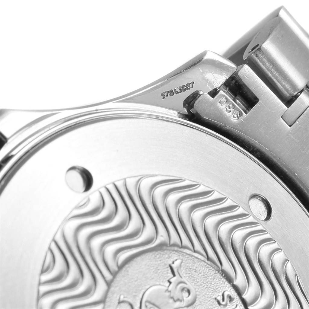 This image shows a close-up of the Omega Seamaster 2265.80.00 Men
s Stainless Steel Blue Dial 2265.80.00 Men
s Stainless Steel Blue Dial
s case back and part of the bracelet clasp.
