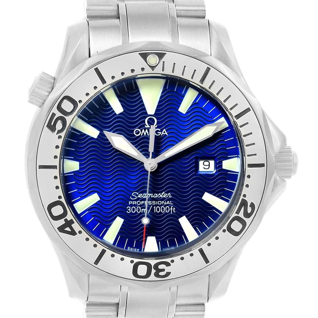The image shows a front view of an Omega Seamaster 2265.80.00 Men
s Stainless Steel Blue Dial 2265.80.00 Men
s Stainless Steel Blue Dial watch, highlighting its blue dial, bezel, and part of the stainless steel bracelet.