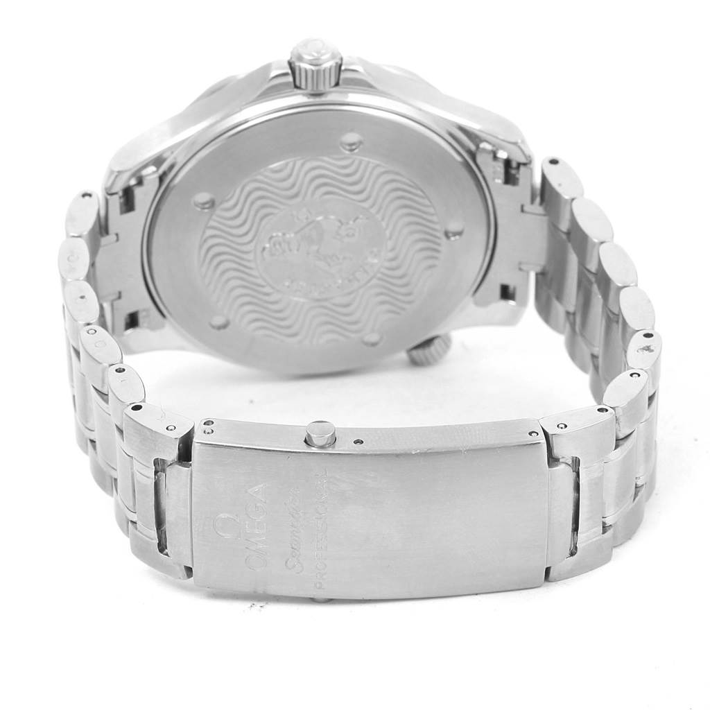 The image shows the backside of the Omega Seamaster 2265.80.00 Men
s Stainless Steel Blue Dial 2265.80.00 Men
s Stainless Steel Blue Dial watch, highlighting the case back and metal bracelet with clasp.