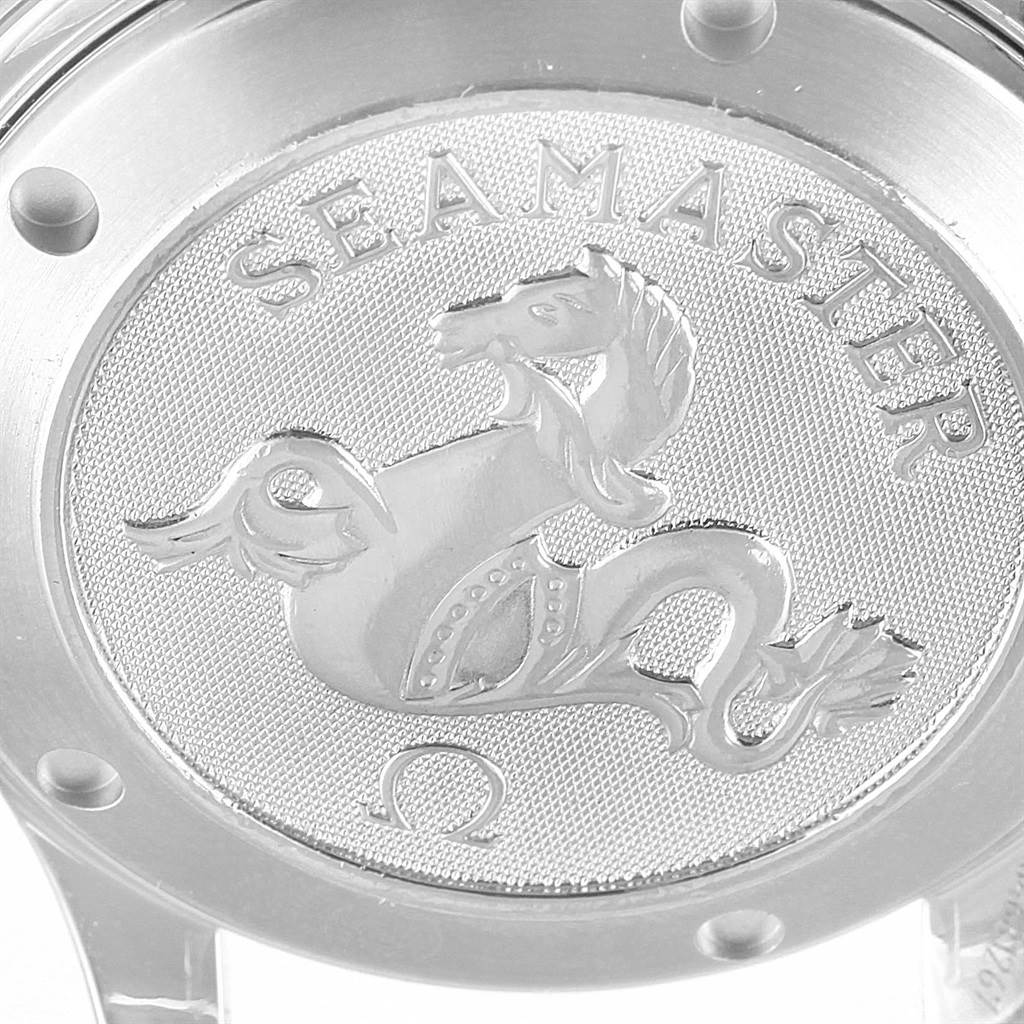 The image shows a close-up of the case back of an Omega Seamaster 2222.80.00 Men
s Stainless Steel Blue Dial 2222.80.00 Men
s Stainless Steel Blue Dial watch, highlighting the Seahorse emblem and brand engraving.