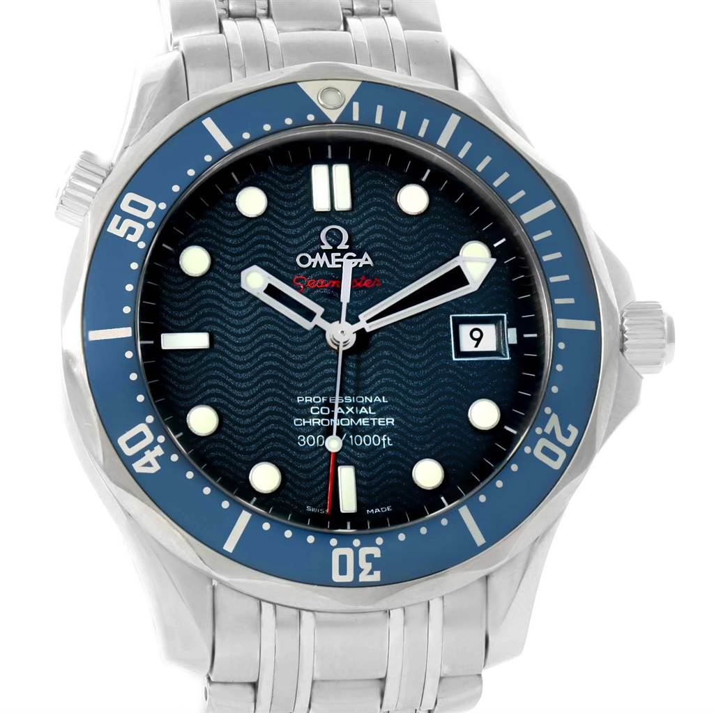 The Omega Seamaster 2222.80.00 Men
s Stainless Steel Blue Dial 2222.80.00 Men
s Stainless Steel Blue Dial watch is shown from a front angle, displaying the face, bezel, and part of the metal strap.