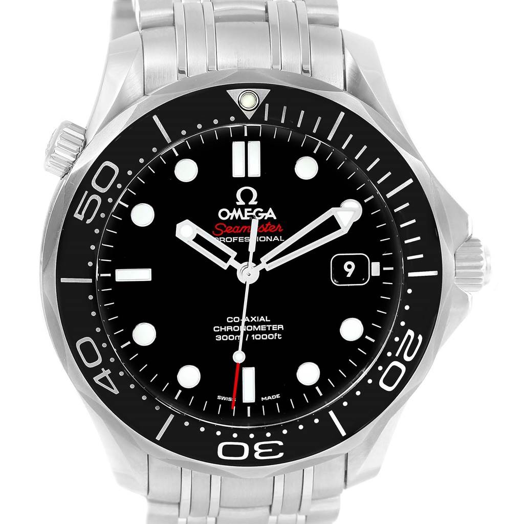 This image shows a front view of the Omega Seamaster 212.30.41.20.01.003 Men
s Stainless Steel Black Dial 212.30.41.20.01.003 Men
s Stainless Steel Black Dial watch, highlighting its dial, bezel, crown, and stainless steel bracelet.