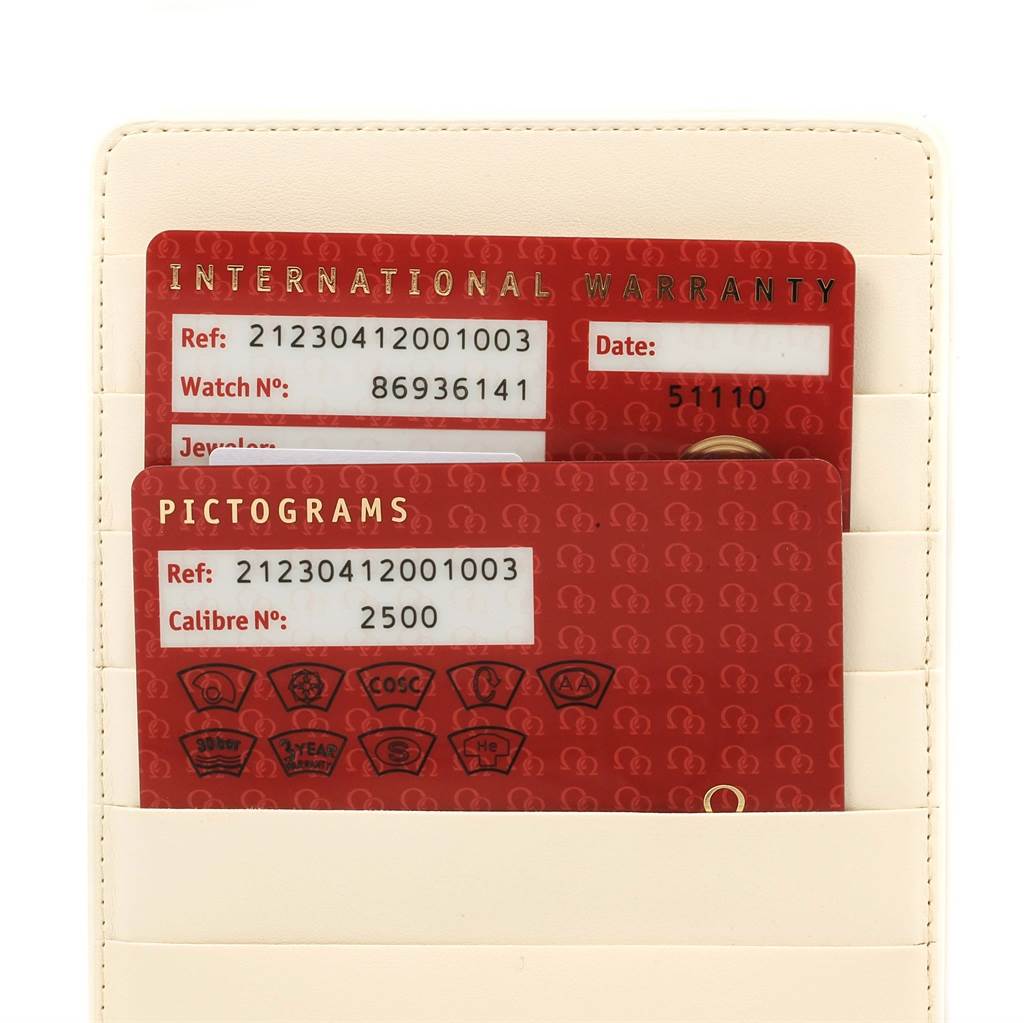 The image shows the warranty and pictogram cards for an Omega Seamaster 212.30.41.20.01.003 Men
s Stainless Steel Black Dial 212.30.41.20.01.003 Men
s Stainless Steel Black Dial watch.