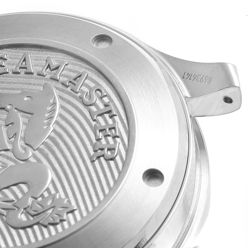 The image shows the back case and lugs of the Omega Seamaster 212.30.41.20.01.003 Men
s Stainless Steel Black Dial 212.30.41.20.01.003 Men
s Stainless Steel Black Dial watch, highlighting its engraved emblem and part of the serial number.