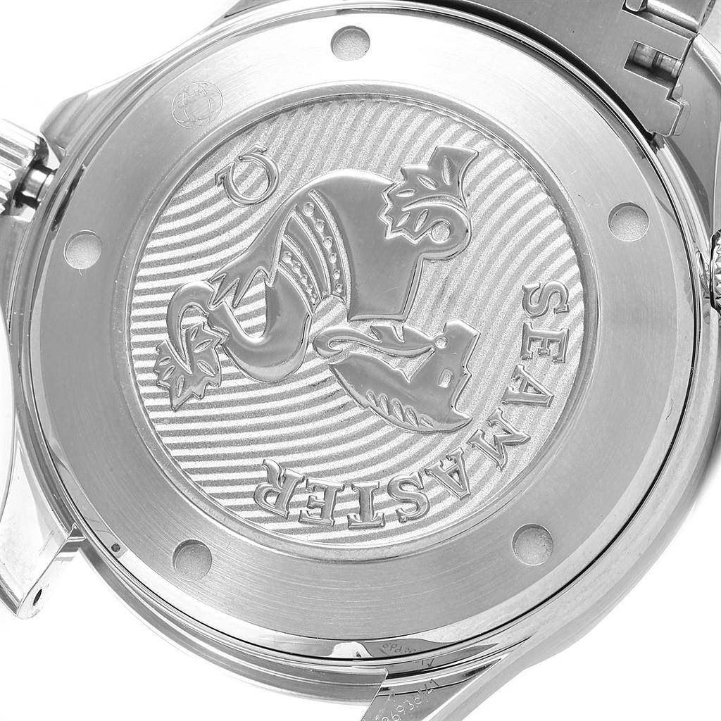 This image shows the back case of an Omega Seamaster 212.30.41.20.01.003 Men
s Stainless Steel Black Dial 212.30.41.20.01.003 Men
s Stainless Steel Black Dial watch, featuring an engraved logo and text.