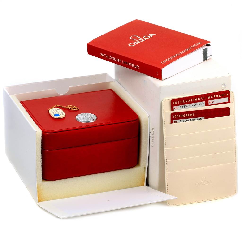 The image shows the packaging box, warranty cards, operating instructions, and accessories for an Omega Seamaster 212.30.41.20.01.003 Men
s Stainless Steel Black Dial 212.30.41.20.01.003 Men
s Stainless Steel Black Dial watch.