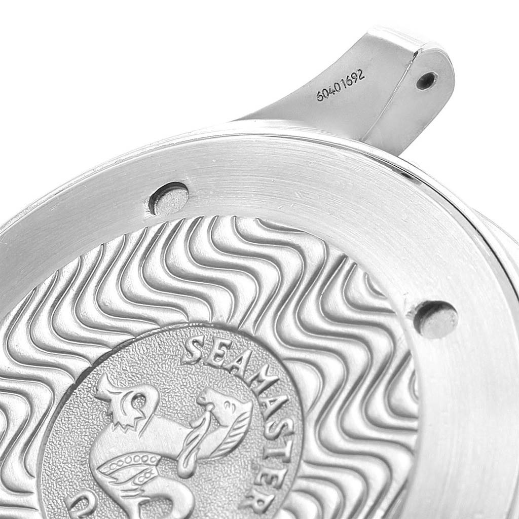 This image shows a close-up of the engraved case back of the Omega Seamaster 2531.80.00 Men
s Stainless Steel Blue Dial 2531.80.00 Men
s Stainless Steel Blue Dial watch.