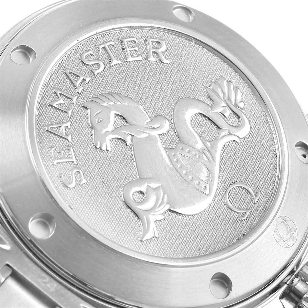 The image shows the engraved case back of an Omega Seamaster 2222.80.00 Men
s Stainless Steel Blue Dial 2222.80.00 Men
s Stainless Steel Blue Dial watch with the Seamaster logo.