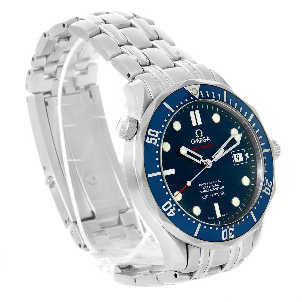 The Omega Seamaster 2222.80.00 Men
s Stainless Steel Blue Dial 2222.80.00 Men
s Stainless Steel Blue Dial watch is shown at a three-quarter angle, displaying its face, bezel, and metal bracelet.